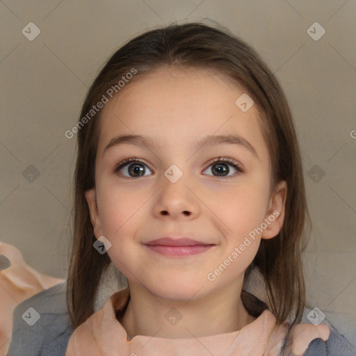 Joyful white child female with medium  brown hair and brown eyes