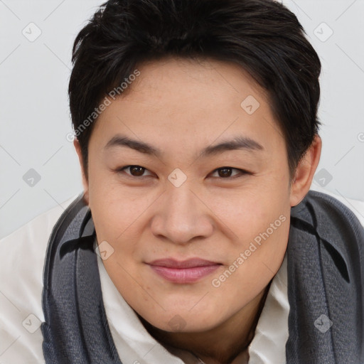 Joyful asian young-adult female with short  brown hair and brown eyes