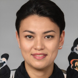 Joyful asian young-adult female with short  brown hair and brown eyes