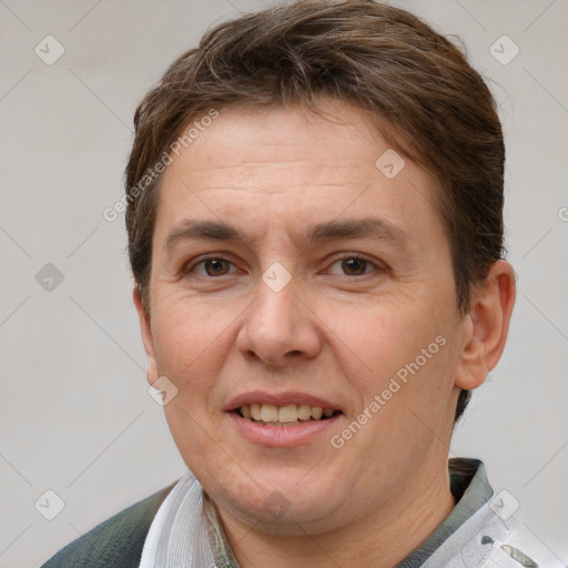 Joyful white adult female with short  brown hair and brown eyes