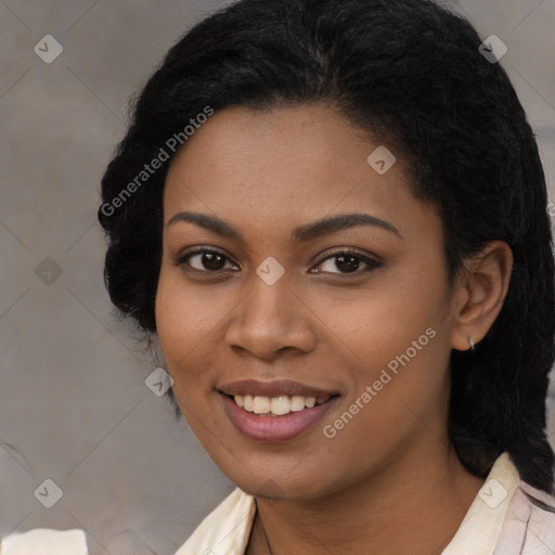 Joyful black young-adult female with medium  black hair and brown eyes