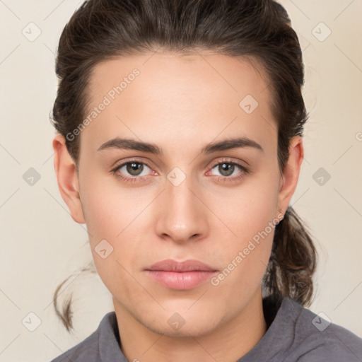 Neutral white young-adult female with medium  brown hair and brown eyes