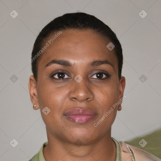 Joyful black young-adult female with short  brown hair and brown eyes