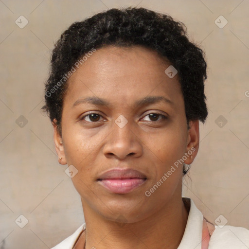 Neutral black young-adult female with short  brown hair and brown eyes