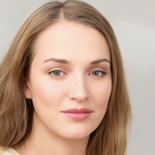 Neutral white young-adult female with long  brown hair and grey eyes