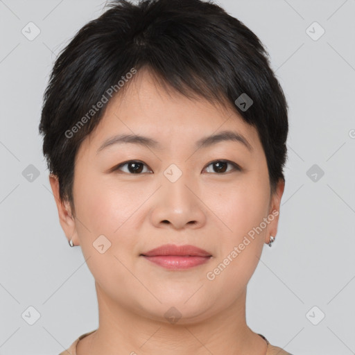 Joyful asian young-adult female with short  brown hair and brown eyes