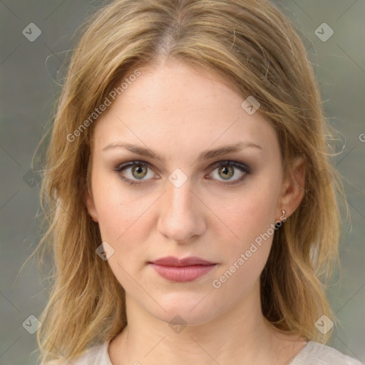 Joyful white young-adult female with medium  brown hair and green eyes