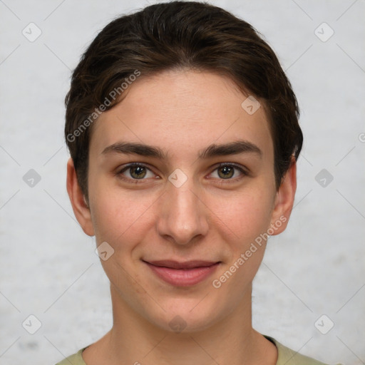 Joyful white young-adult female with short  brown hair and grey eyes