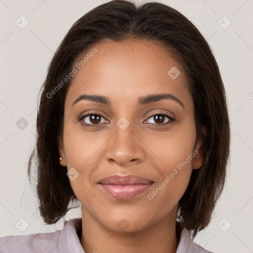 Joyful white young-adult female with long  brown hair and brown eyes