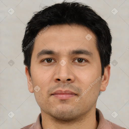 Neutral asian young-adult male with short  black hair and brown eyes