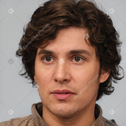 Joyful white young-adult male with medium  brown hair and brown eyes