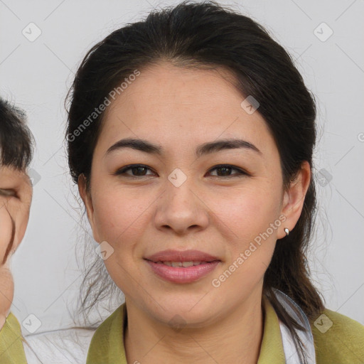 Joyful white young-adult female with medium  brown hair and brown eyes