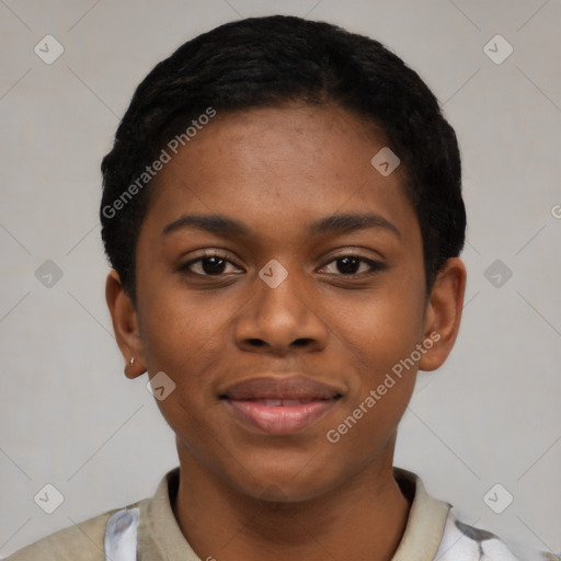 Joyful black young-adult female with short  black hair and brown eyes