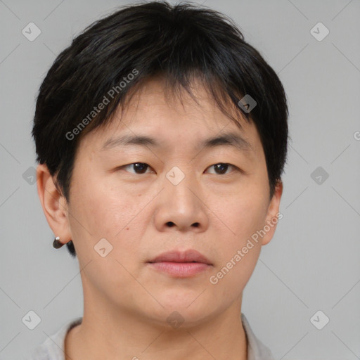 Neutral asian young-adult male with short  brown hair and brown eyes