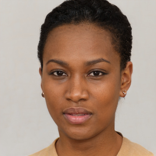 Neutral black young-adult female with short  black hair and brown eyes