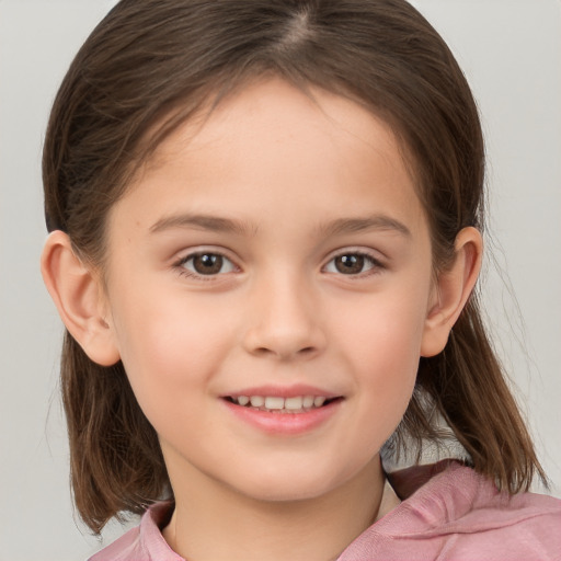 Joyful white child female with medium  brown hair and brown eyes