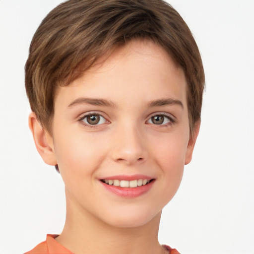 Joyful white child female with short  brown hair and brown eyes