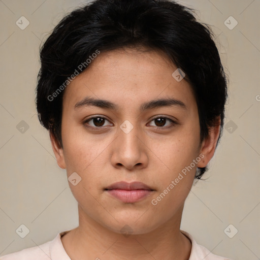 Neutral white young-adult female with short  brown hair and brown eyes