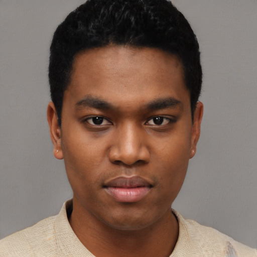 Neutral black young-adult male with short  black hair and brown eyes