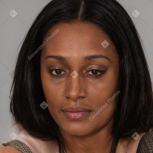 Neutral white adult female with medium  brown hair and brown eyes