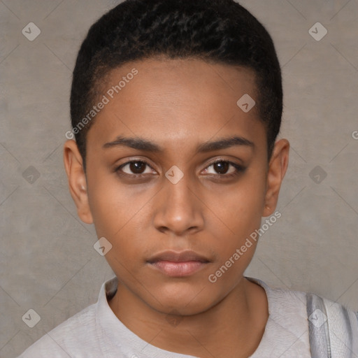 Neutral latino young-adult female with short  black hair and brown eyes