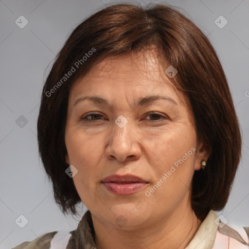 Joyful white adult female with medium  brown hair and brown eyes