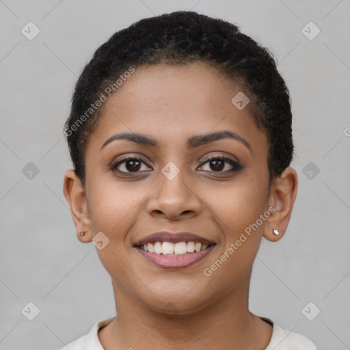 Joyful latino young-adult female with short  brown hair and brown eyes