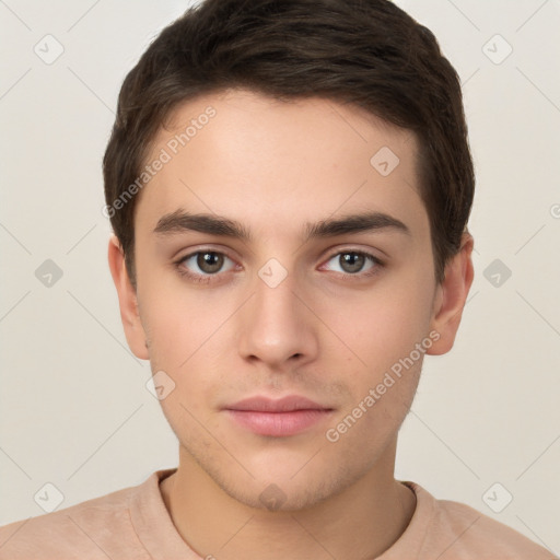 Neutral white young-adult male with short  brown hair and brown eyes