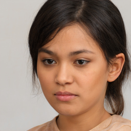 Neutral asian young-adult female with medium  brown hair and brown eyes