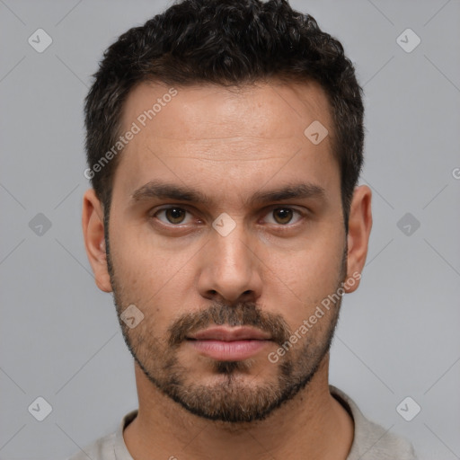 Neutral white young-adult male with short  brown hair and brown eyes