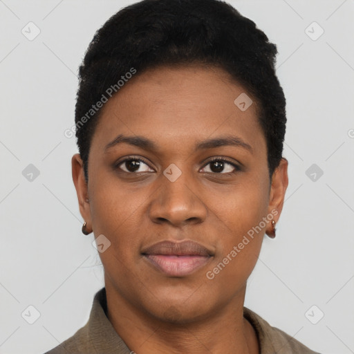 Joyful black young-adult female with short  black hair and brown eyes