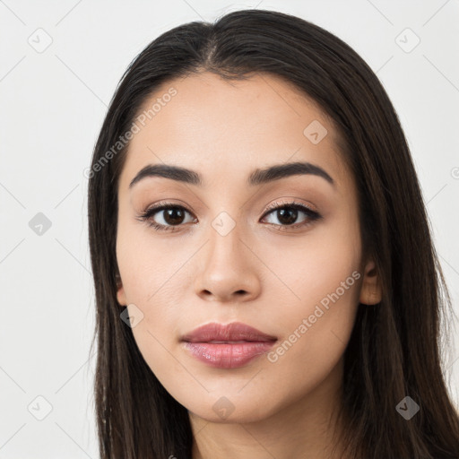 Neutral asian young-adult female with long  black hair and brown eyes