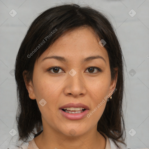 Joyful white young-adult female with medium  brown hair and brown eyes