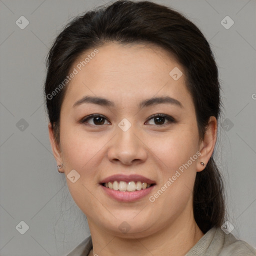 Joyful white young-adult female with long  brown hair and brown eyes