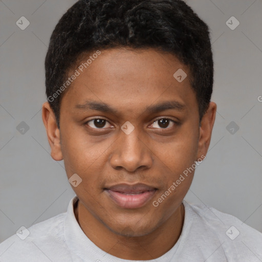 Joyful black young-adult male with short  brown hair and brown eyes