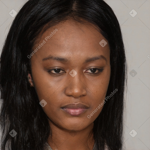 Joyful latino young-adult female with long  black hair and brown eyes
