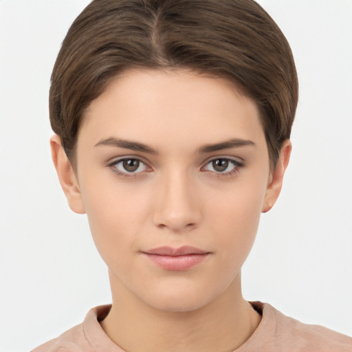 Neutral white young-adult female with short  brown hair and brown eyes