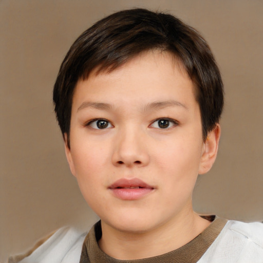 Neutral white young-adult female with short  brown hair and brown eyes