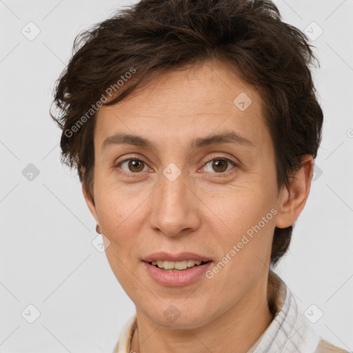 Joyful white adult female with short  brown hair and brown eyes