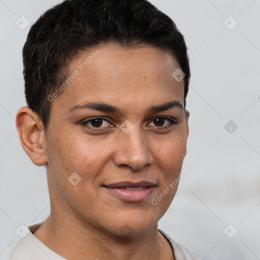 Joyful white young-adult female with short  brown hair and brown eyes