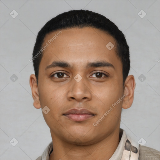 Neutral latino young-adult male with short  black hair and brown eyes