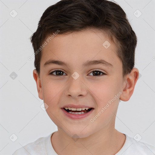 Joyful white child male with short  brown hair and brown eyes