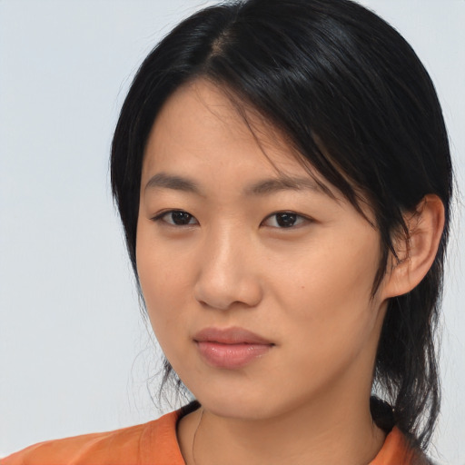 Neutral asian young-adult female with medium  black hair and brown eyes