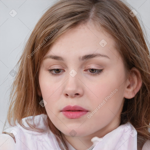 Neutral white young-adult female with medium  brown hair and brown eyes