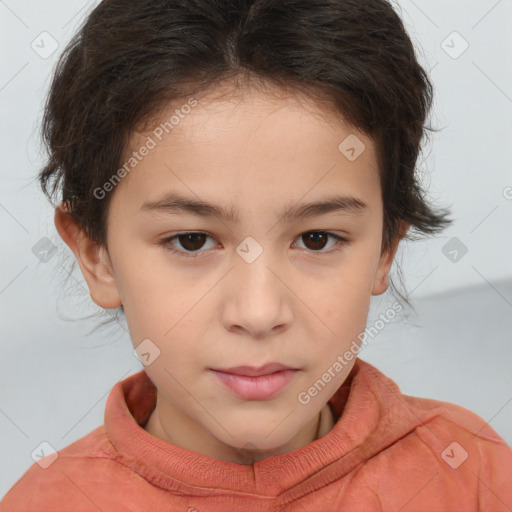 Joyful white child female with short  brown hair and brown eyes