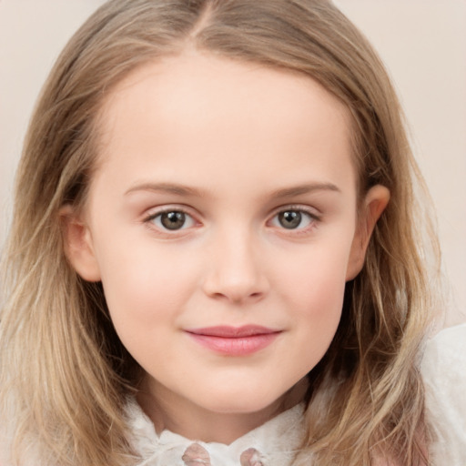 Joyful white child female with medium  brown hair and grey eyes