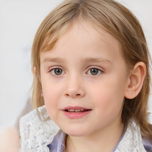 Joyful white child female with medium  brown hair and blue eyes