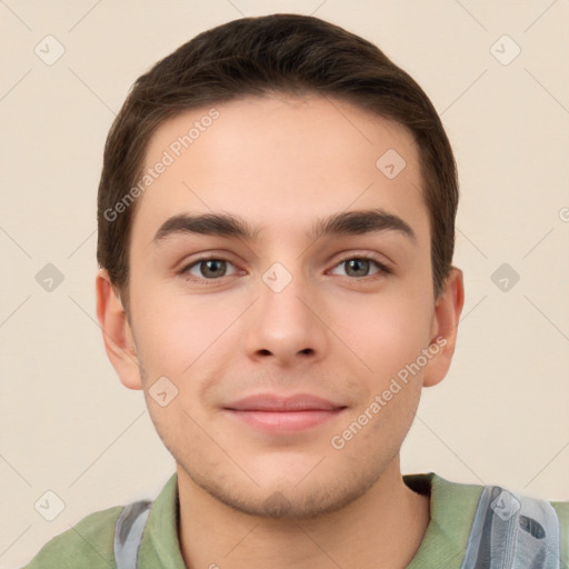 Neutral white young-adult male with short  brown hair and brown eyes