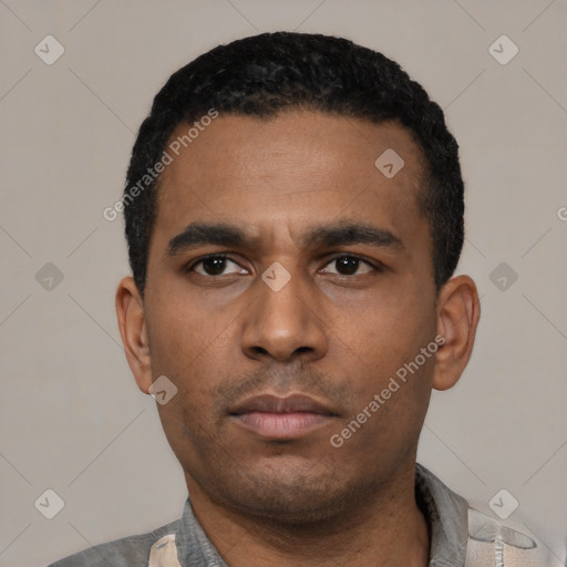 Neutral latino young-adult male with short  black hair and brown eyes