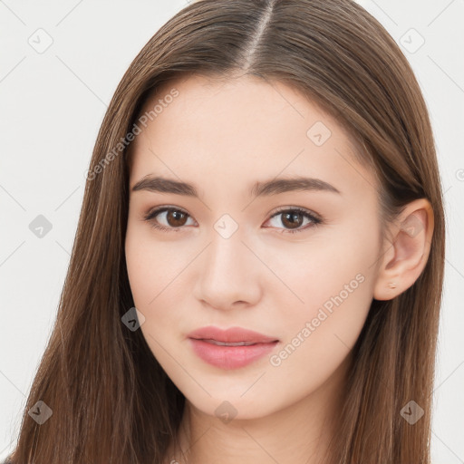 Neutral white young-adult female with long  brown hair and brown eyes